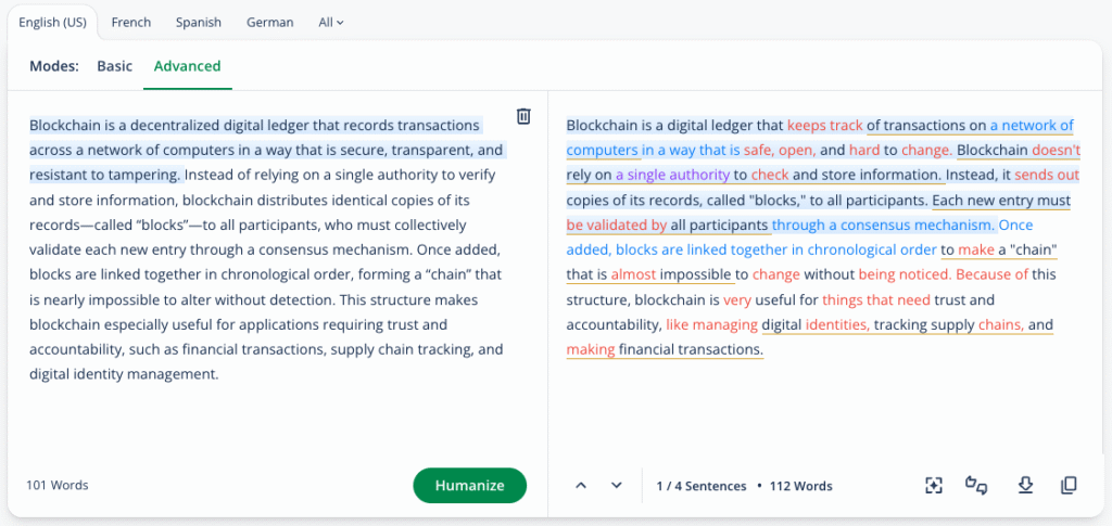 Example of QuillBot's AI Humanizer