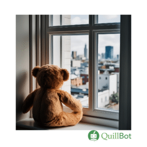 Teddy bear looking out of a window