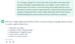 An example prompt and for an AI product generator with response