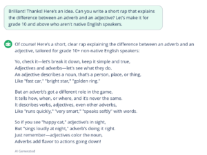 Screenshot of an AI rap writer's rap about adjectives and adverbs