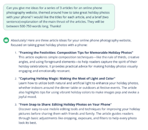 Screenshot of an AI writer output for a photography website