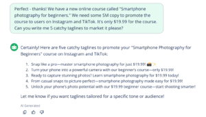 Screenshot of an AI writer output for catchy taglines for social media