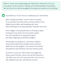 Screenshot of an AI rap writer's personalised retirement rap