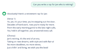 screenshot of an AI-generated rap for a retirement party