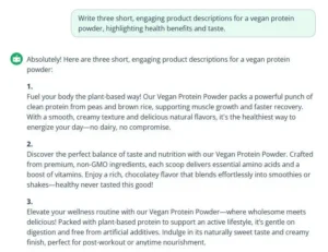 Screenshot of QuillBot's AI Chat with a prompt to write three product descriptions