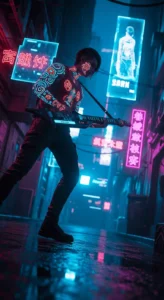 An AI-generated image of a steam-punk musician