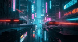 AI generated image of a futuristic city with flying cars