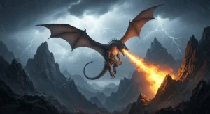 AI-generated fantasy image of a dragon breathing fire