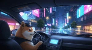 AI-generated anime image of a dog driving a car through city streets