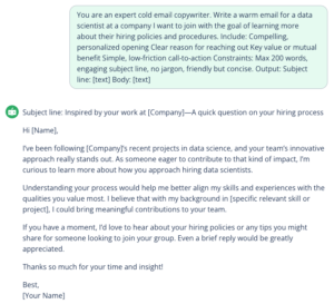 A screenshot of the prompt and output for an AI cold email generator