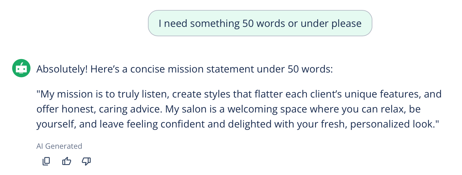 Screenshot of an AI personal mission statement generator response