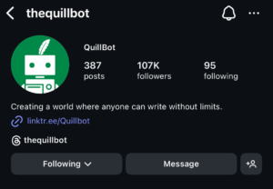 A screenshot of QuillBot's Instagram bio