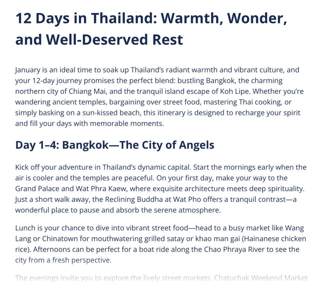 Screenshot of QuillBot travel itinerary generator