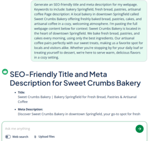 AI SEO meta tag generator example prompt and response