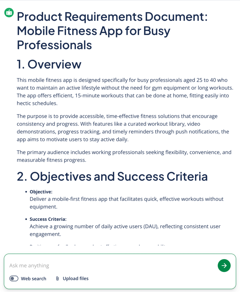 Screenshot of QuillBot's AI PRD generator