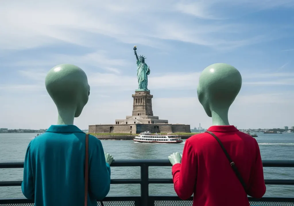 AI-generated image of alien tourists looking at the Statue of Liberty