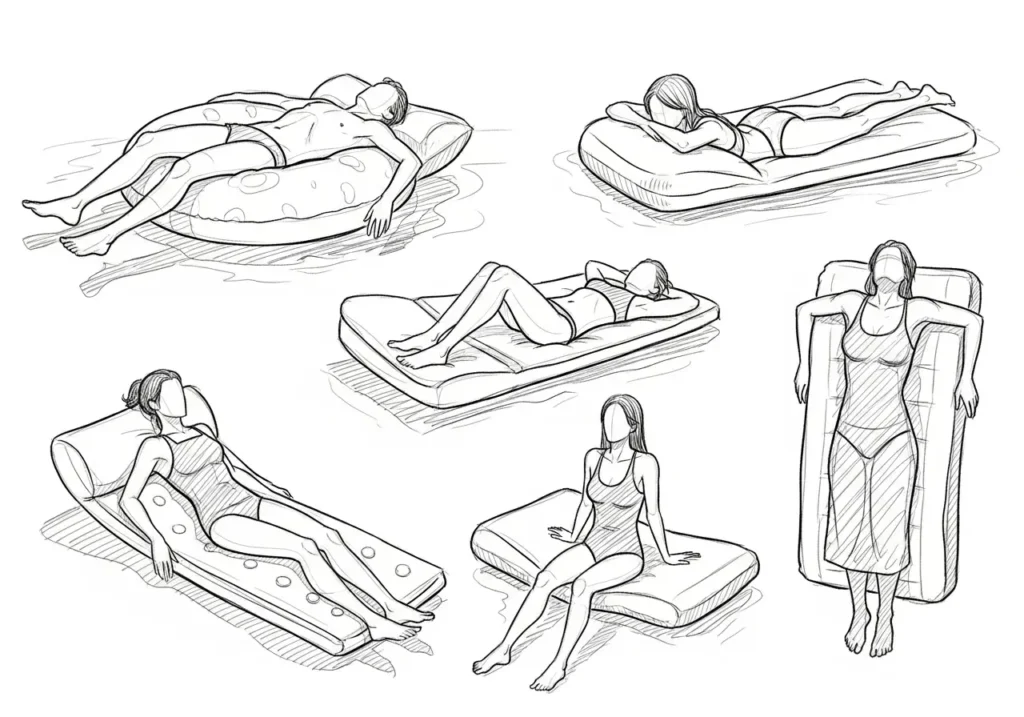 AI-generated image showing sketches of a person lounging on a pool raft