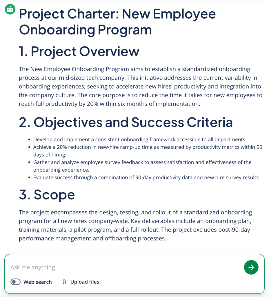 Screenshot of QuillBot's AI project charter generator