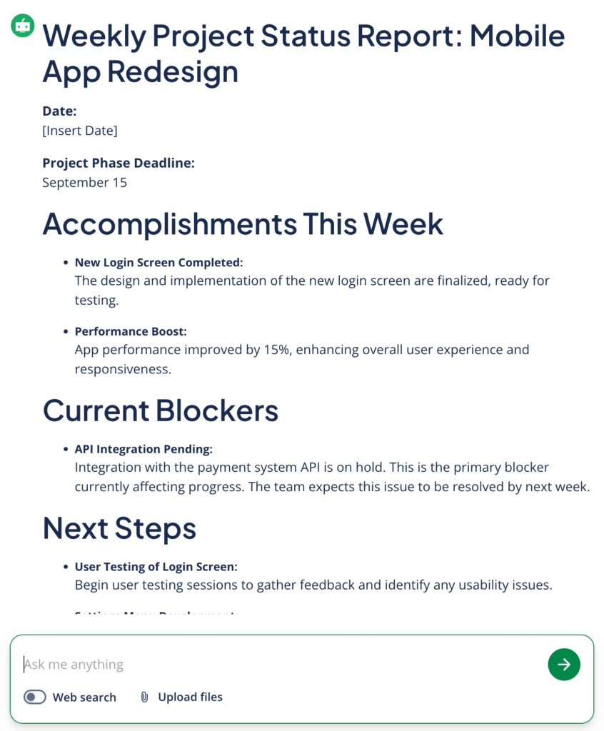 Screenshot of QuillBot status report generator