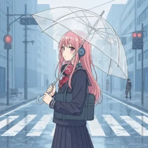 Anime-style illustration of a girl with long pink hair holding a clear umbrella on a rainy, urban crosswalk, generated by QuillBot's AI Illustration Generator