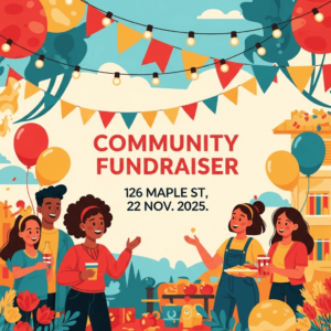 Fundraiser flyer showing people enjoying themselves,