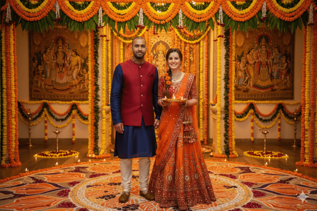 Couple dressed in traditional Indian attire surrounded by marigolds, diyas, and colorful rangoli, capturing festive Indian celebration vibes.