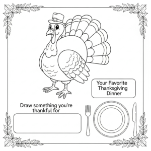 A children's activity sheet with a large turkey, an empty box captioned "draw something you're thankful for" and an empty plate captioned "your favourite thanksgiving dinner"