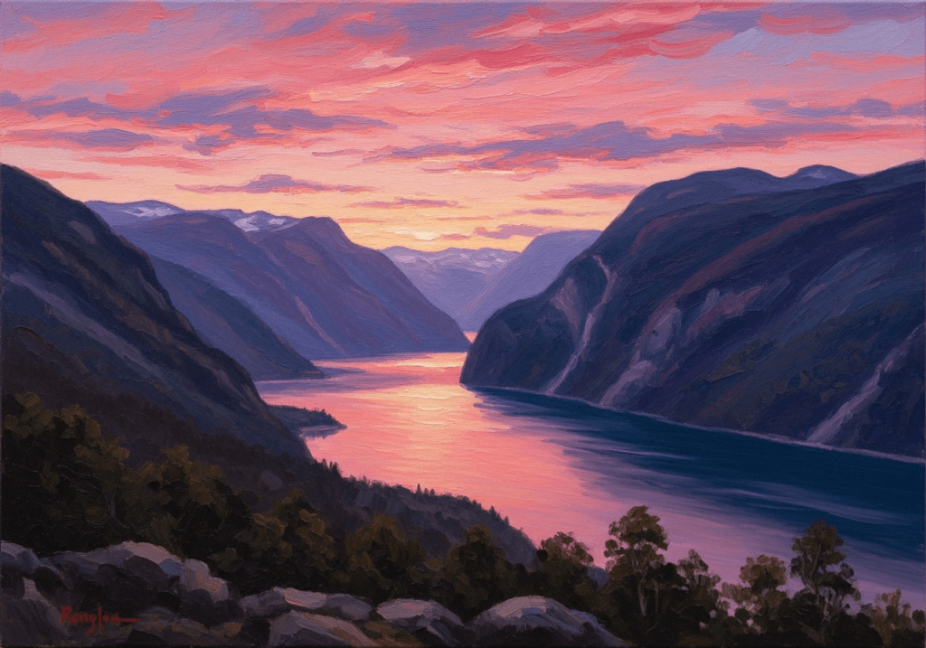 An AI-generated image of fjords in an Impressionist style