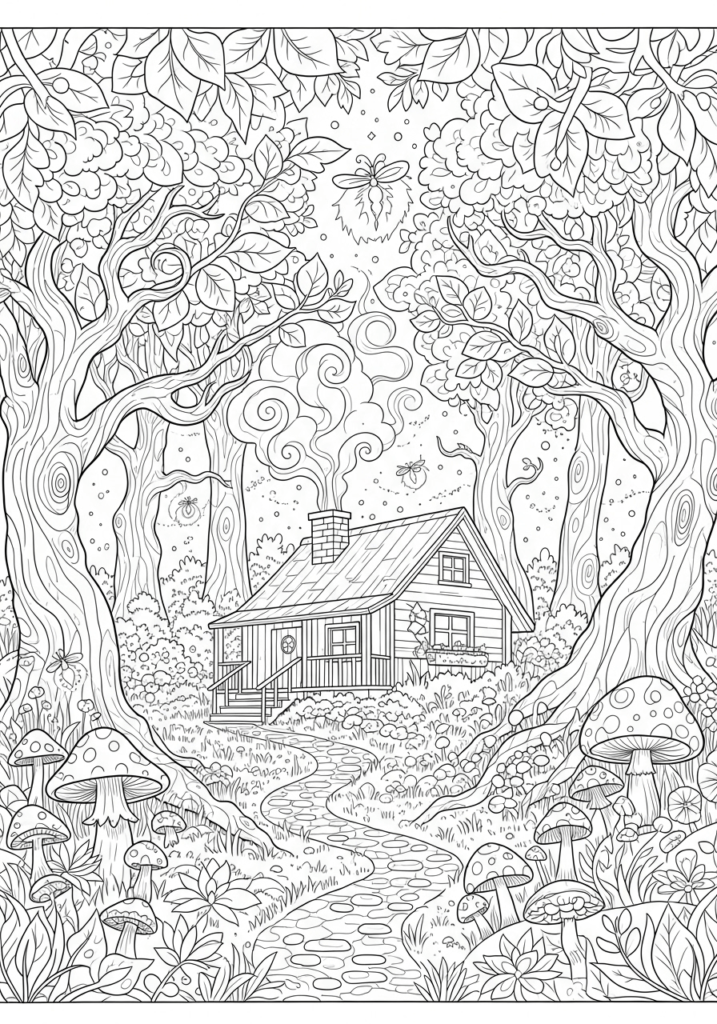 An AI-generated coloring book page of a forest cabin