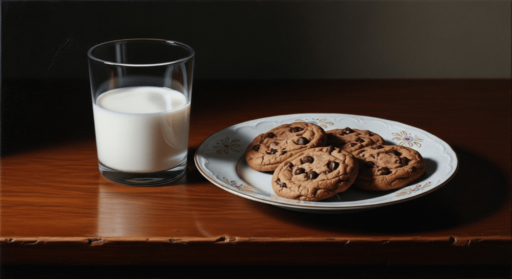 An AI-generated image of a still life painting of milk and cookies in dramatic Baroque style
