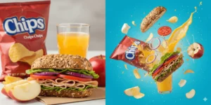 Two side-by-side images. In the left image are a sandwich, a bag of chips, apple slices, and a glass of orange juice. In the right image, these food items are dramatically exploding against a blue background.