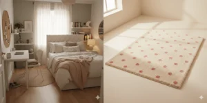 Two side-by-side images. The left is a girl's bedroom with beige and pink furniture/decor and a brown area rug. The right image is of a cream area rug with pink polka dots.