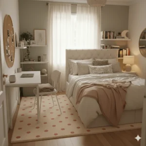 A bedroom with pink and beige furniture and decor. There is a white rug with pink polka dots on the floor.