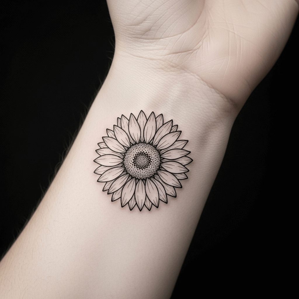 An AI-generated image of a sunflower tattoo on a wrist