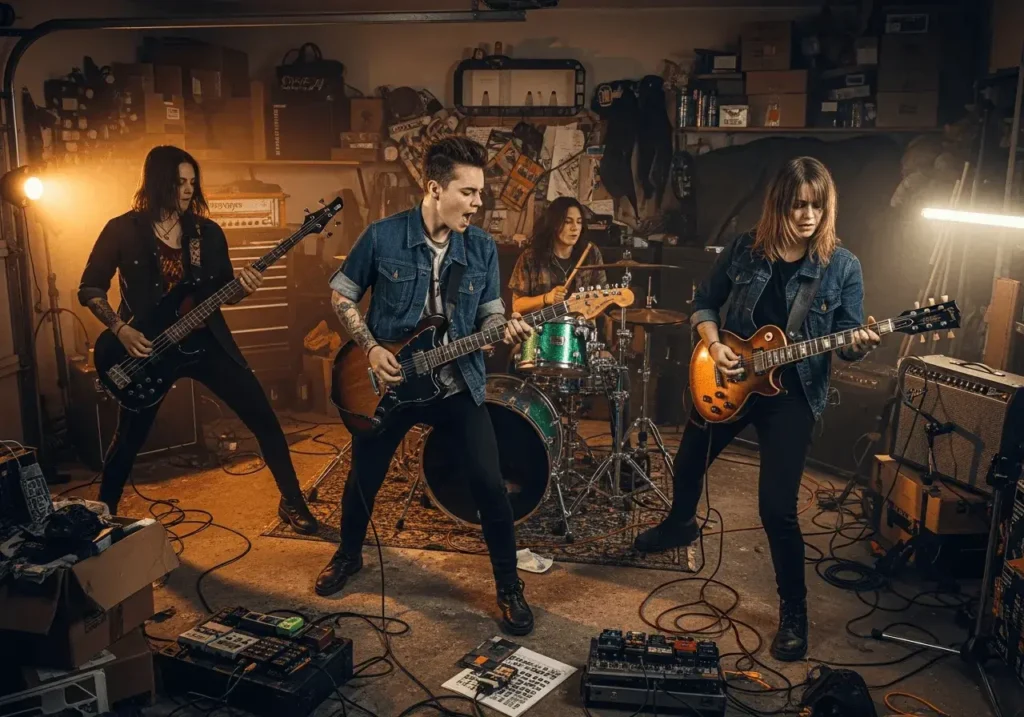 An AI-generated image of a rock band in a garade