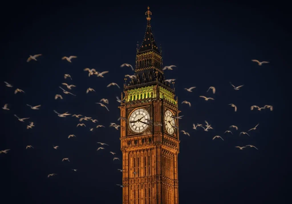 An AI-generated image of birds flying around Big Ben
