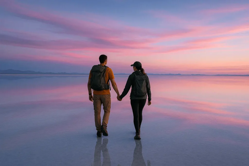 An AI-generated image of people walking on salt flats