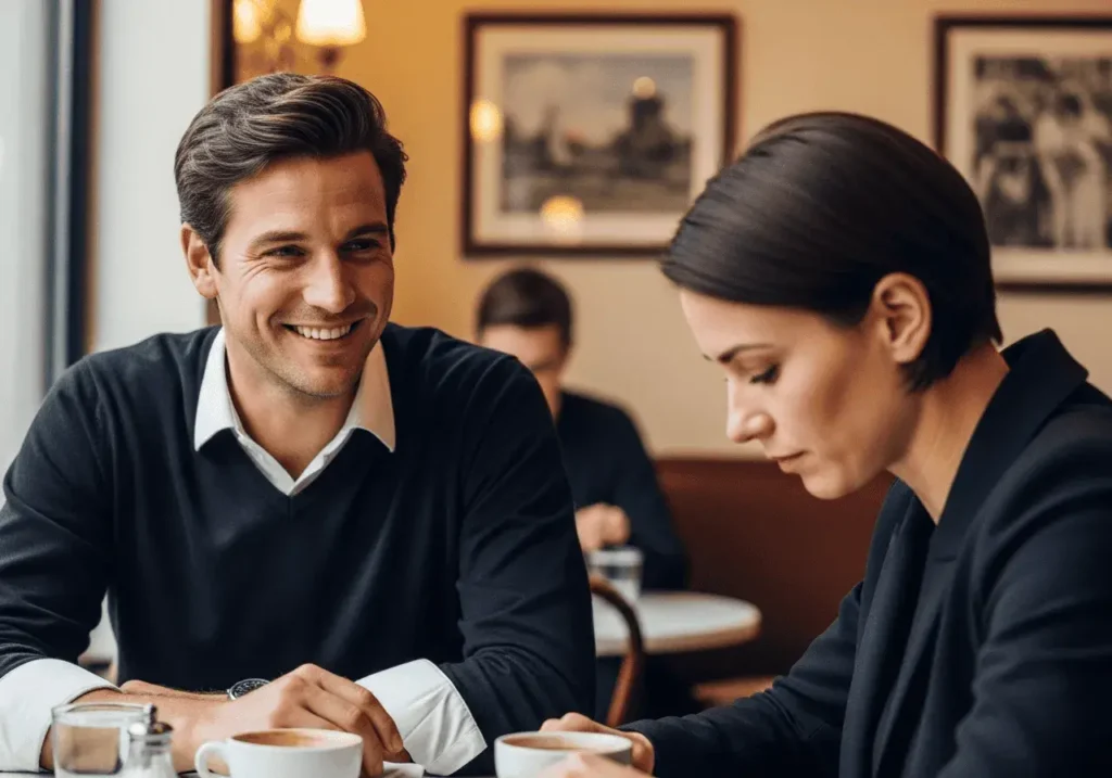 An AI-generated image of two people having coffee