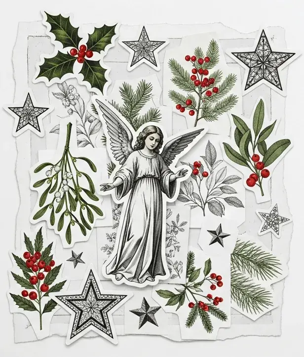 An AI-generated image of a vintage collaged Christmas card