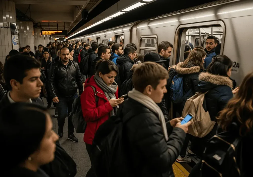 An AI-generated image of a crowded subway platform