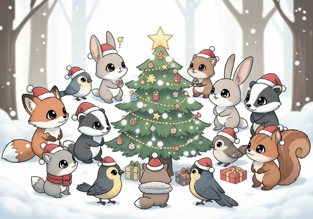 An AI-generated image of woodland critters around a Christmas tree