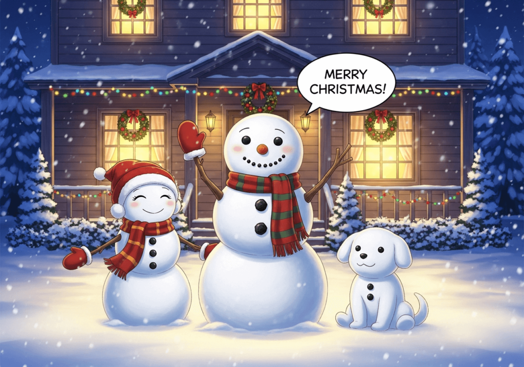 An AI-generated image of a snowman family saying "Merry Christmas!"