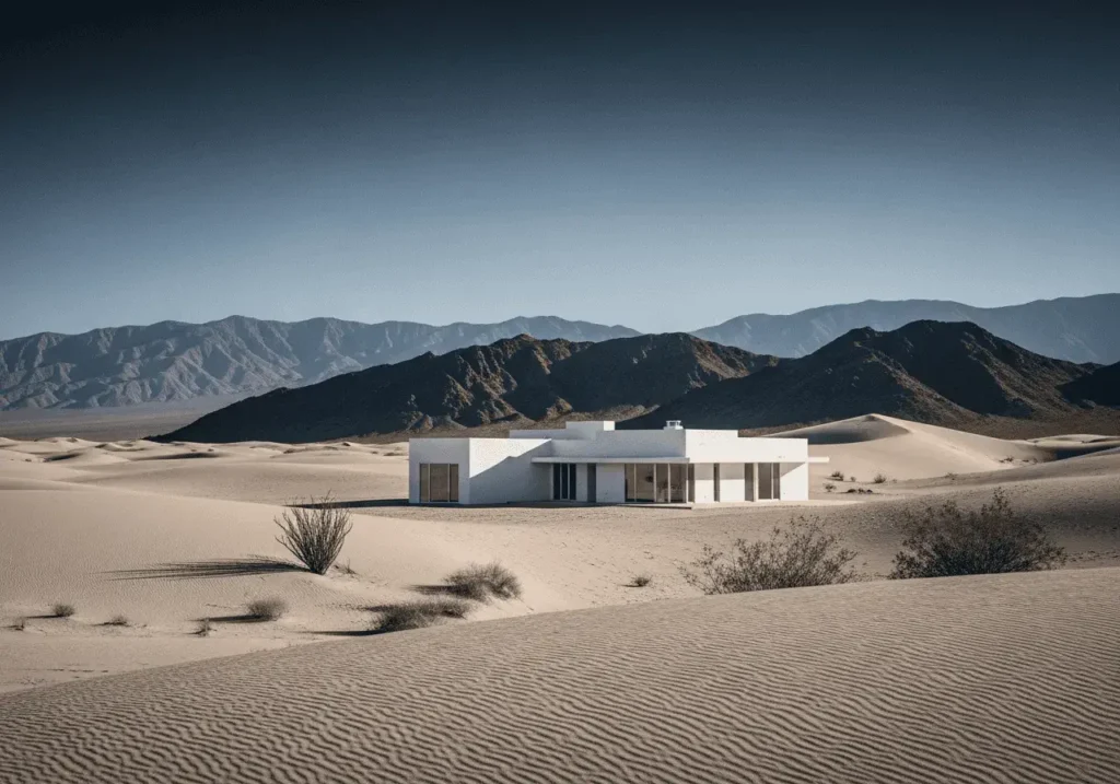An AI-generated image of a modern house in the middle of the desert