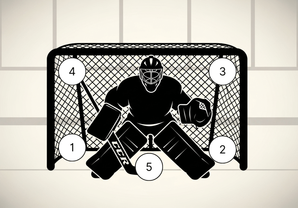 An image showing the "five hole" concept in hockey