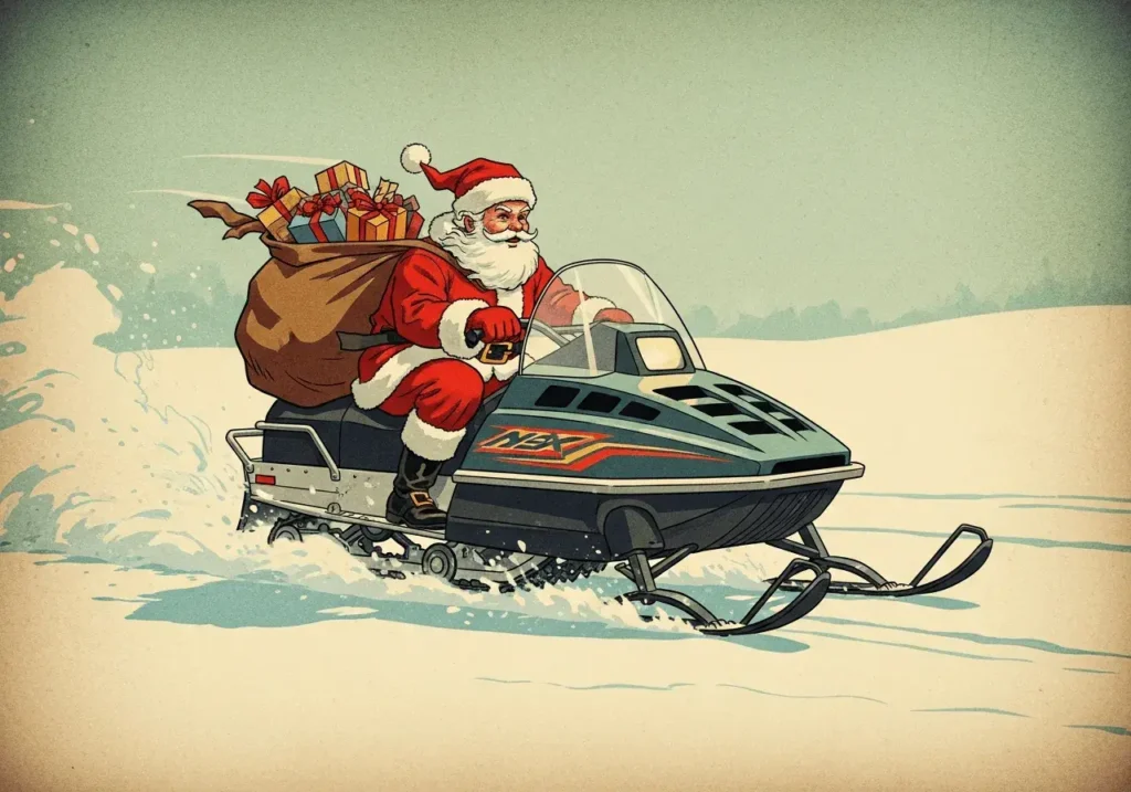 An AI-generated image of Santa on a snowmobile