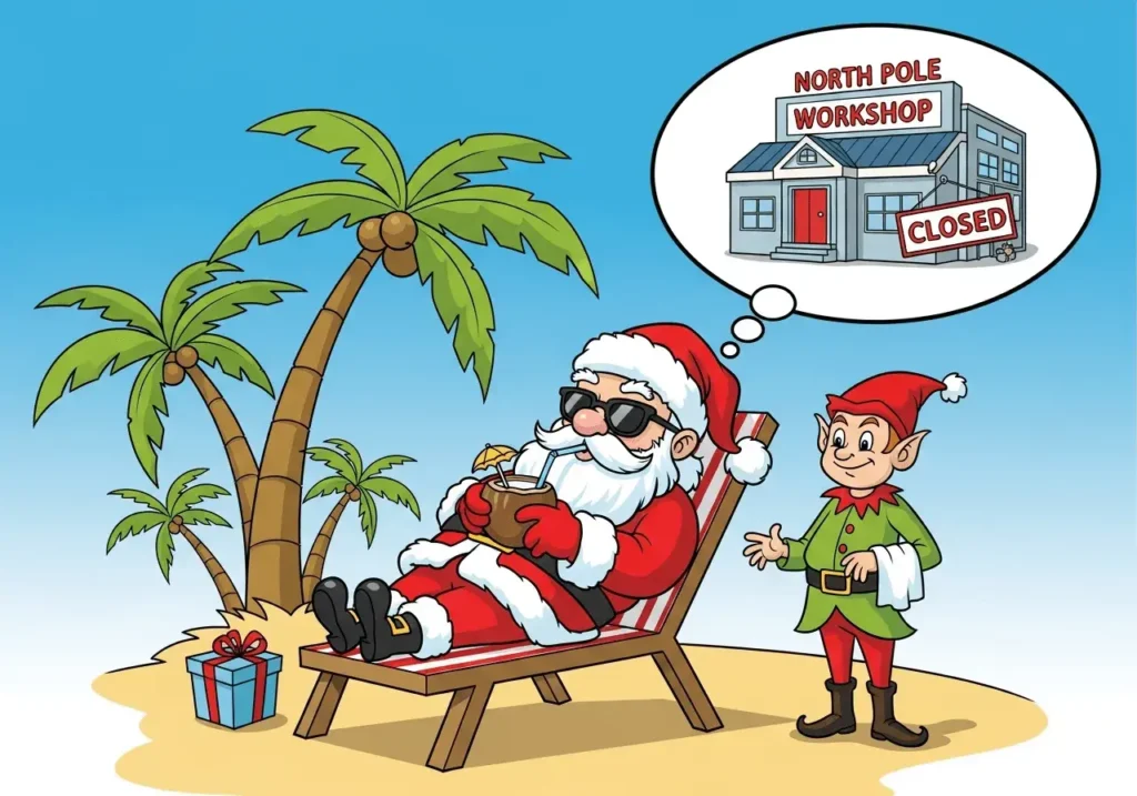 An AI-generated image of Santa on a tropical beach