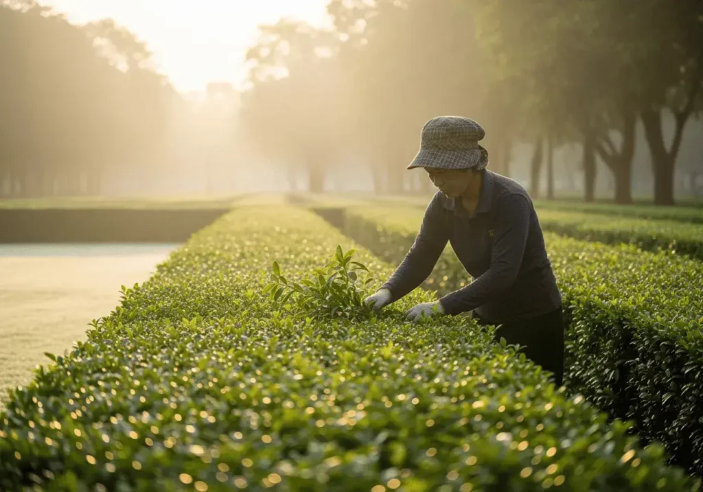 An AI-generated image of a gardener at dawn
