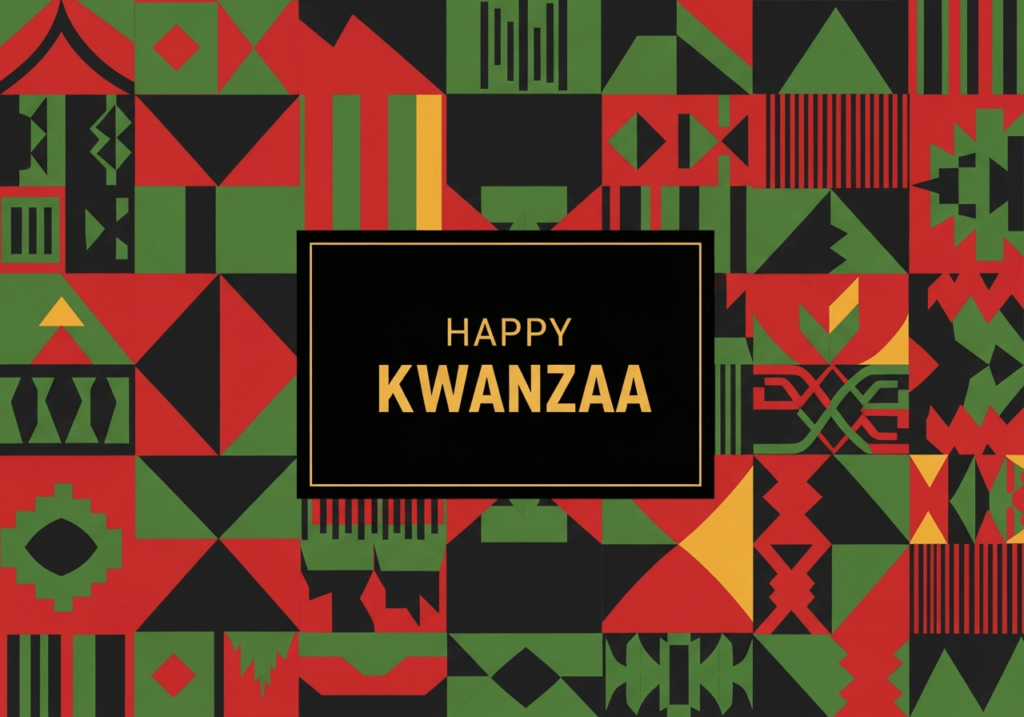 An African-inspired pattern with the words "Happy Kwanzaa"