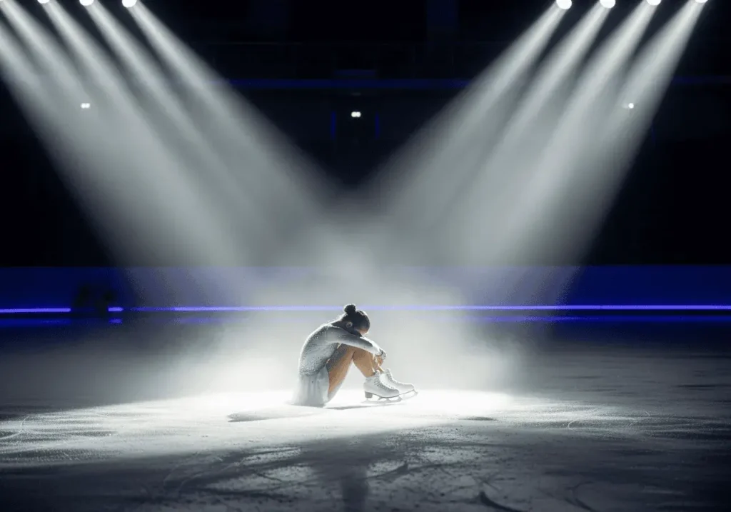 An AI-generated image of a figure skater sitting on the ice