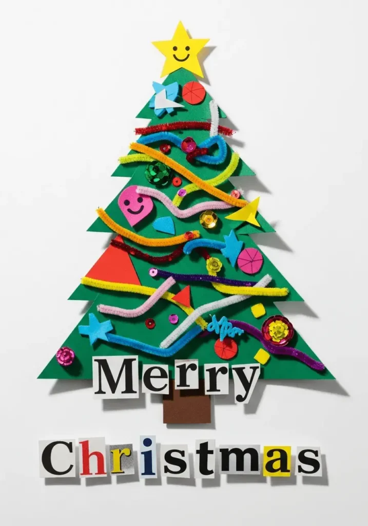 An AI-generated image of a collaged Christmas tree